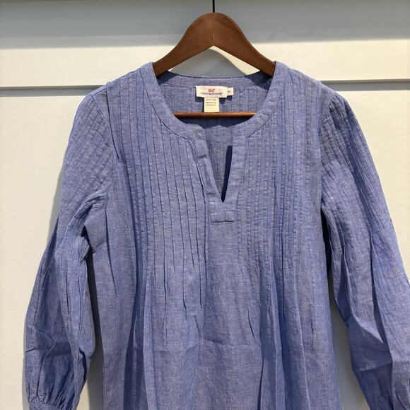 Vineyard Vines Tunic Dress Womens Extra Small Blue Cotton Linen Pintuck Boho XS - Picture 3 of 12